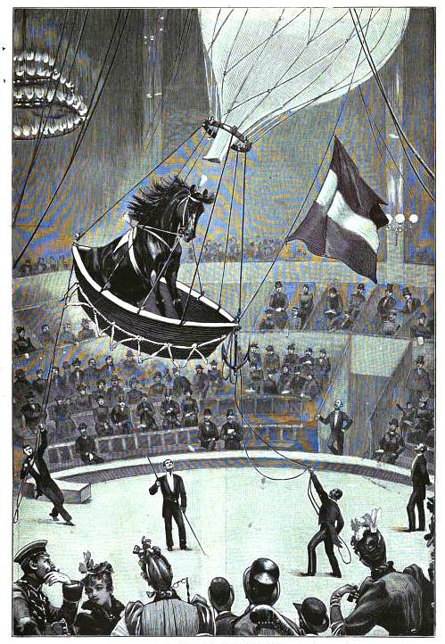 horse in a hot-air balloon performing for a circus