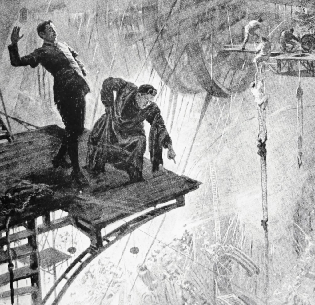 "He saw a confused struggle down a passage." Art by H. Lanos for "When the Sleeper Wakes" by H. G. Wells (1899)